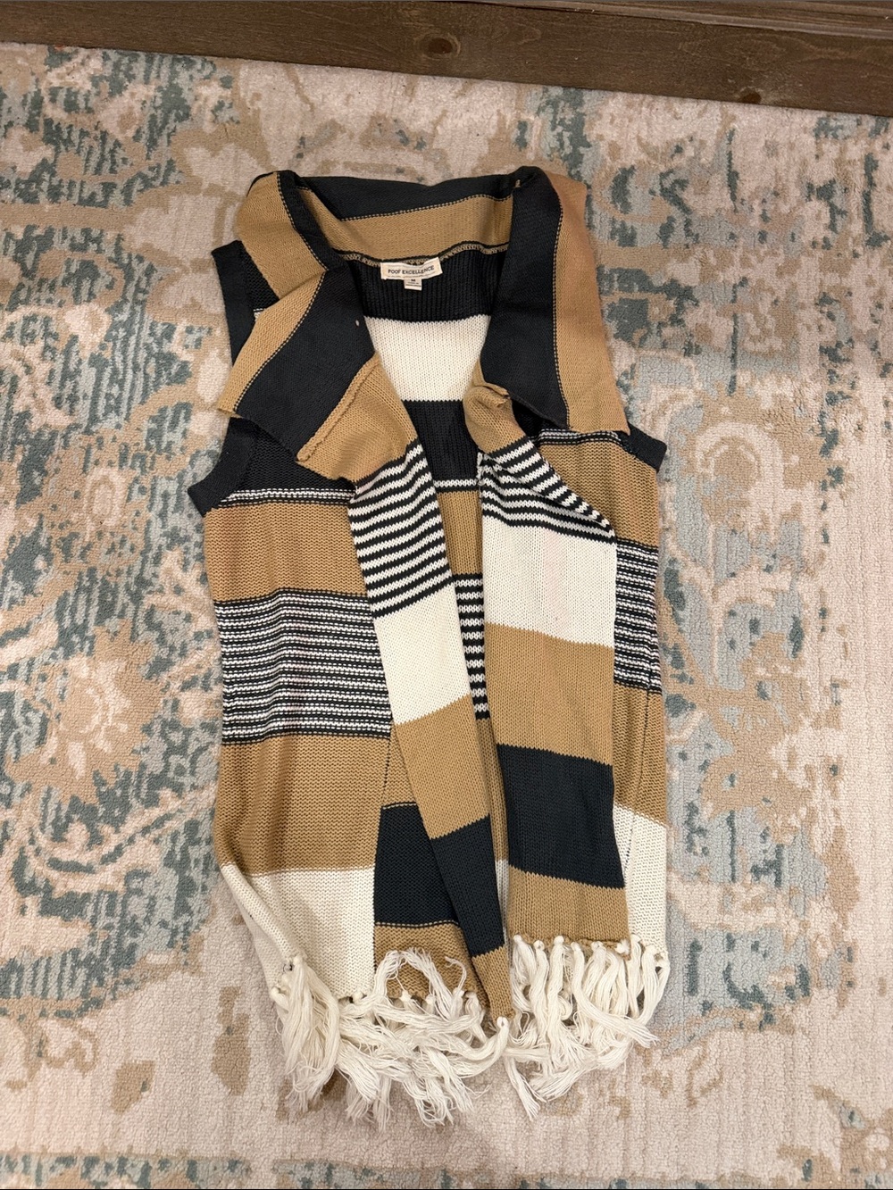 Poof Excellence Striped Fringe Sleeveless Vest in Black, Cream & Tan